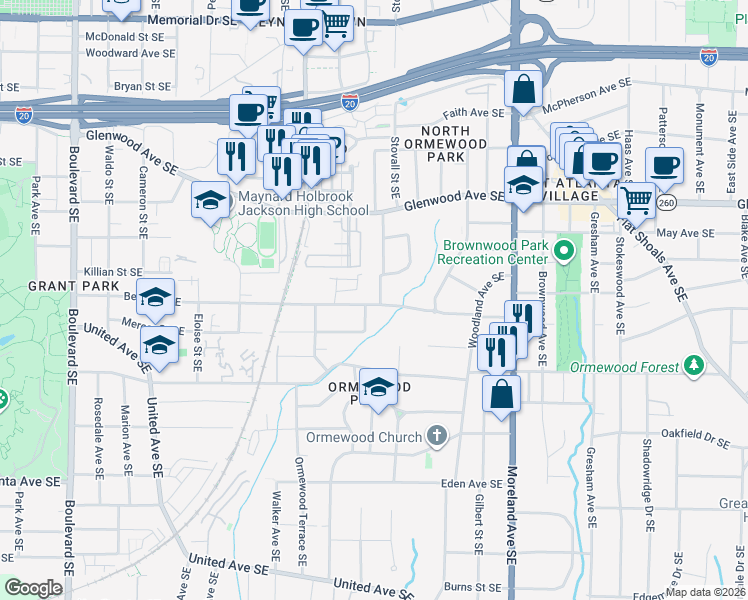 map of restaurants, bars, coffee shops, grocery stores, and more near 988 Berne Street Southeast in Atlanta