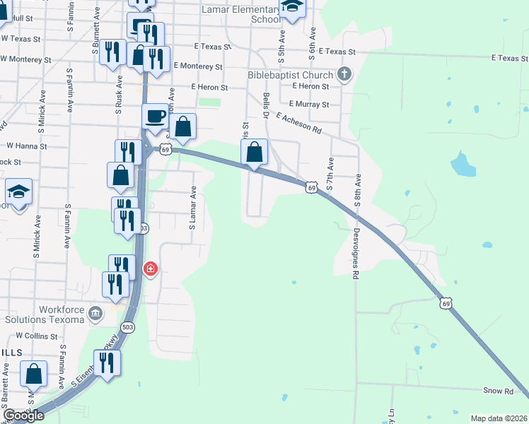 map of restaurants, bars, coffee shops, grocery stores, and more near 1830 South Center Street in Denison