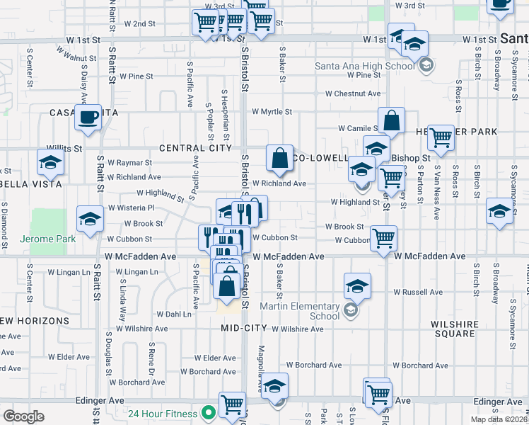 map of restaurants, bars, coffee shops, grocery stores, and more near 1221 West Brook Street in Santa Ana
