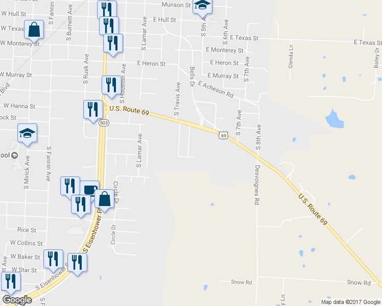 map of restaurants, bars, coffee shops, grocery stores, and more near 1830 South Center Street in Denison