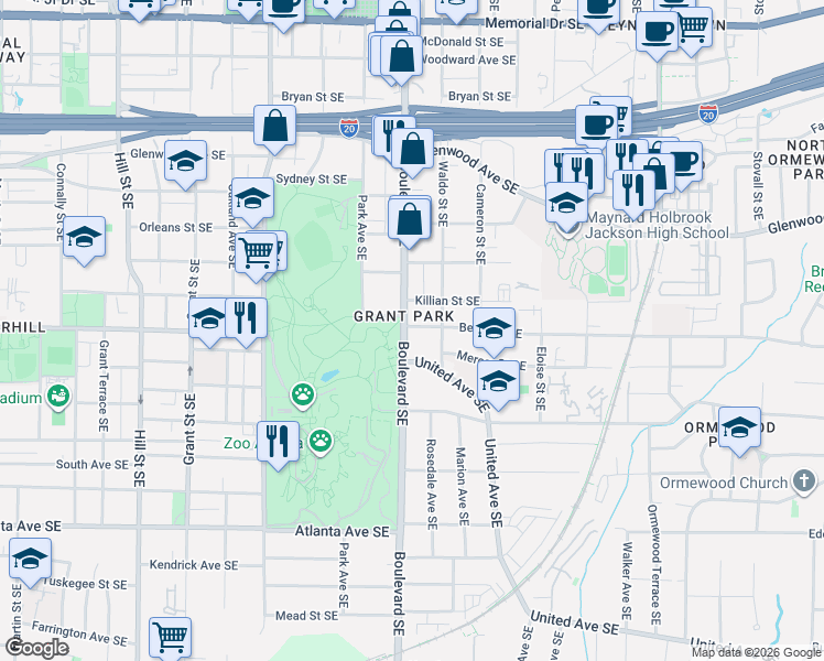 map of restaurants, bars, coffee shops, grocery stores, and more near in Atlanta