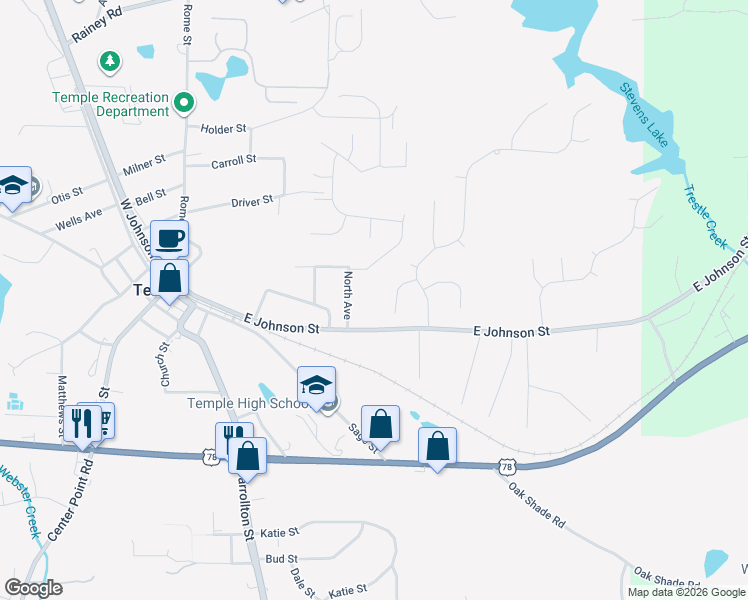 map of restaurants, bars, coffee shops, grocery stores, and more near 278 East Johnson Street in Temple