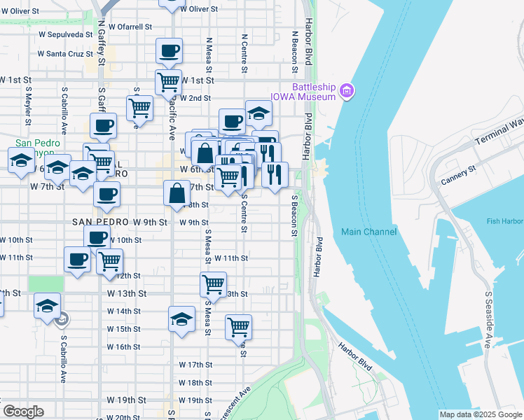 map of restaurants, bars, coffee shops, grocery stores, and more near 247 West 8th Street in Los Angeles