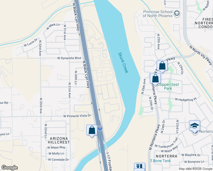 map of restaurants, bars, coffee shops, grocery stores, and more near 2850-2846 West Oberlin Way in Phoenix