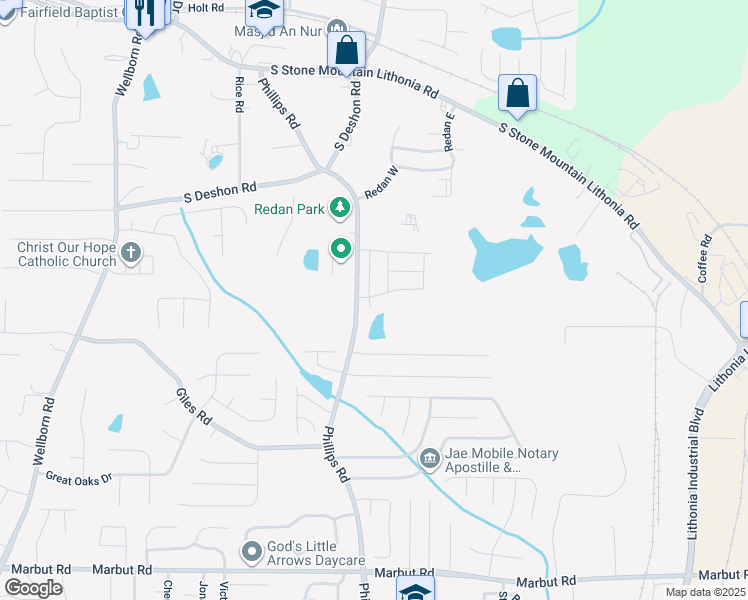 map of restaurants, bars, coffee shops, grocery stores, and more near 1850 Phillips Road in Lithonia