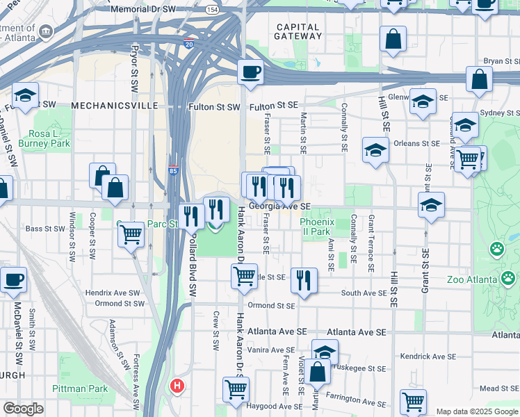 map of restaurants, bars, coffee shops, grocery stores, and more near 29 Georgia Avenue Southeast in Atlanta