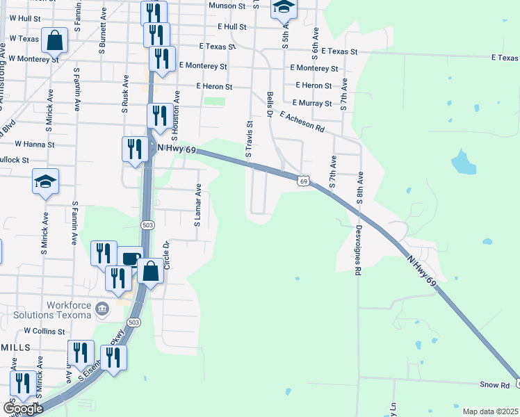 map of restaurants, bars, coffee shops, grocery stores, and more near 1830 South Travis Avenue in Denison