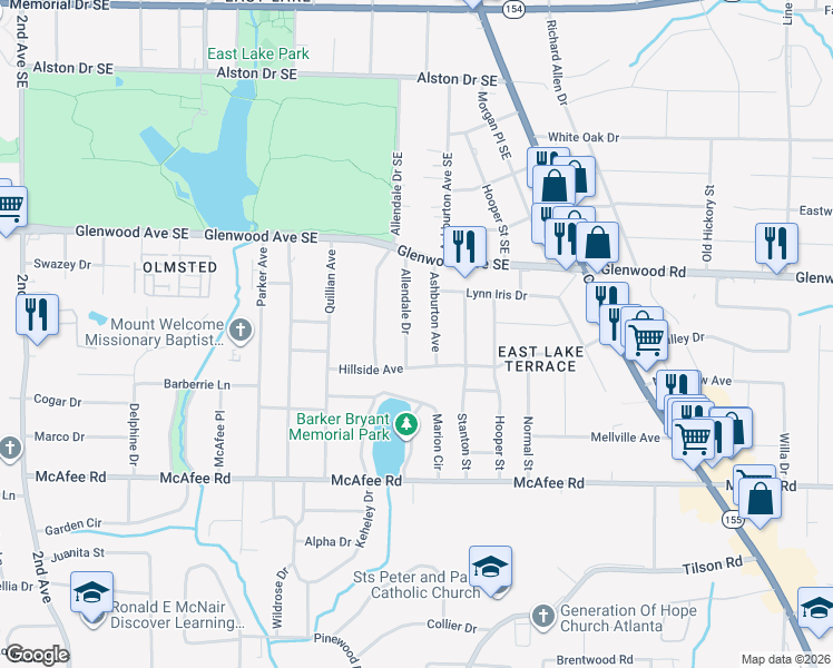 map of restaurants, bars, coffee shops, grocery stores, and more near 540 Allendale Drive in Decatur
