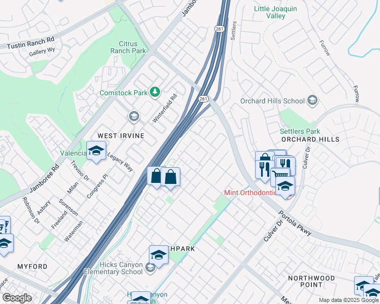 map of restaurants, bars, coffee shops, grocery stores, and more near 45 Olivehurst in Irvine