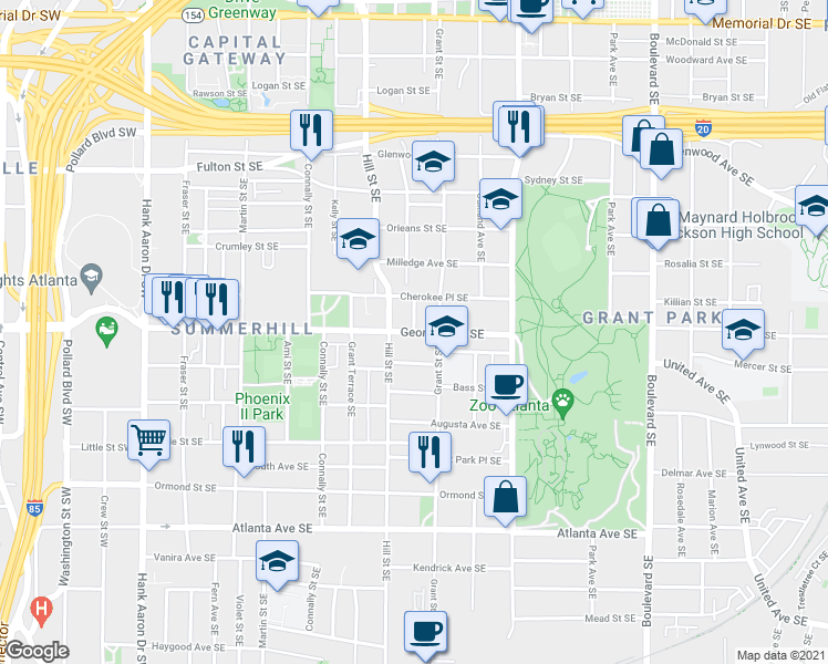 map of restaurants, bars, coffee shops, grocery stores, and more near Georgia Ave SE & Kent St SE in Atlanta