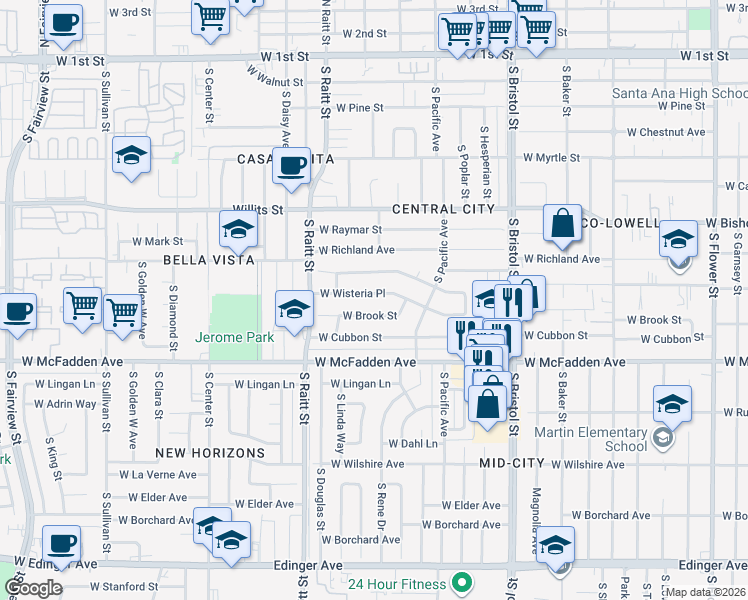 map of restaurants, bars, coffee shops, grocery stores, and more near 1644 West Wisteria Place in Santa Ana