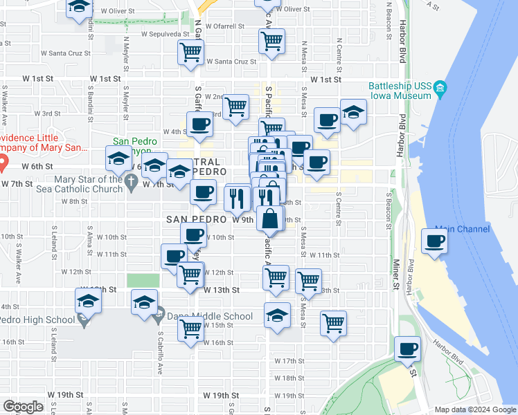 map of restaurants, bars, coffee shops, grocery stores, and more near 525 West 8th Street in San Pedro