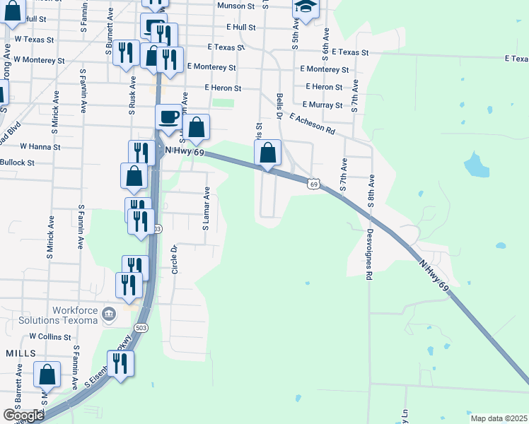 map of restaurants, bars, coffee shops, grocery stores, and more near 1830 South Travis Avenue in Denison