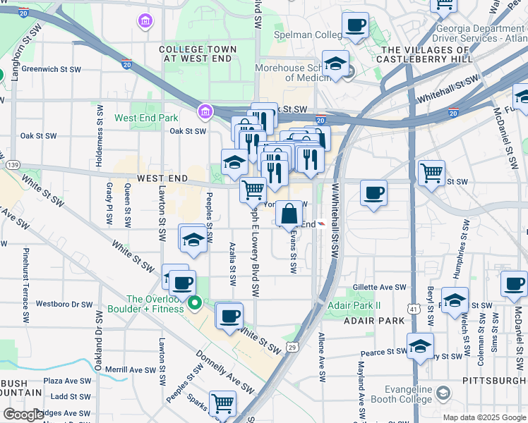 map of restaurants, bars, coffee shops, grocery stores, and more near 894 York Avenue Southwest in Atlanta
