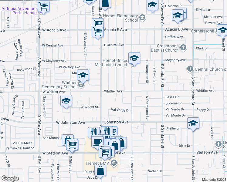 map of restaurants, bars, coffee shops, grocery stores, and more near 260 Whittier Avenue in Hemet