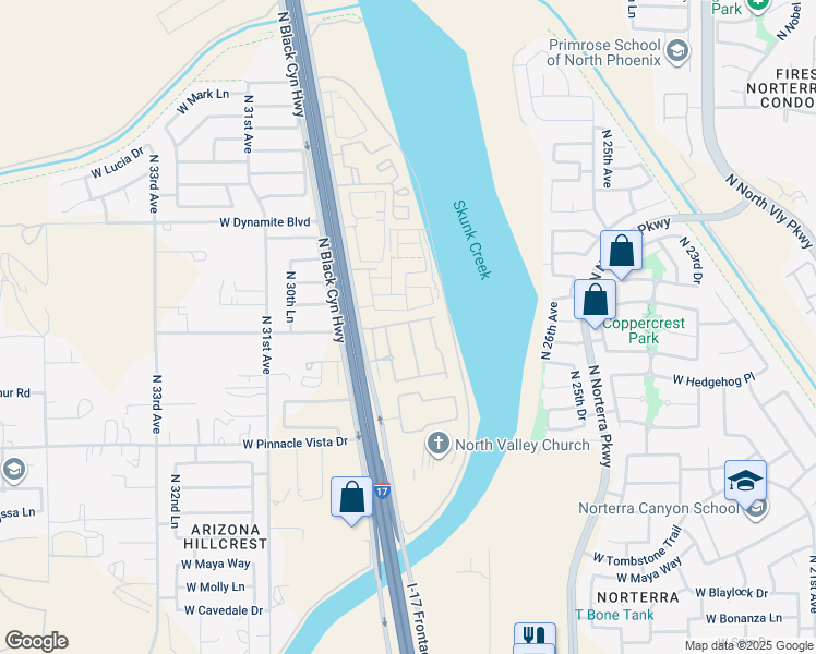 map of restaurants, bars, coffee shops, grocery stores, and more near 2850-2846 West Oberlin Way in Phoenix