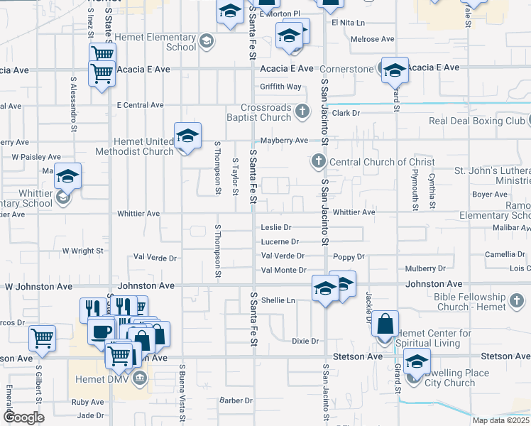 map of restaurants, bars, coffee shops, grocery stores, and more near 921 East Whittier Avenue in Hemet