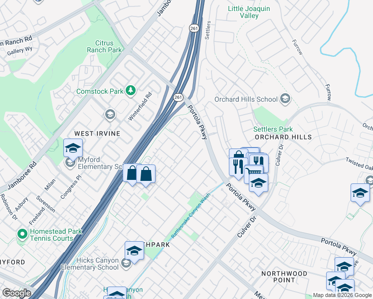 map of restaurants, bars, coffee shops, grocery stores, and more near 225 Lockford in Irvine