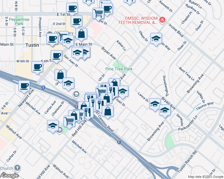 map of restaurants, bars, coffee shops, grocery stores, and more near 13722 Red Hill Avenue in Tustin