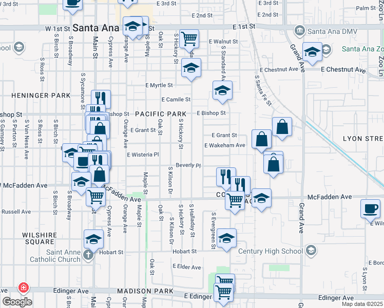 map of restaurants, bars, coffee shops, grocery stores, and more near 925 South Halladay Street in Santa Ana
