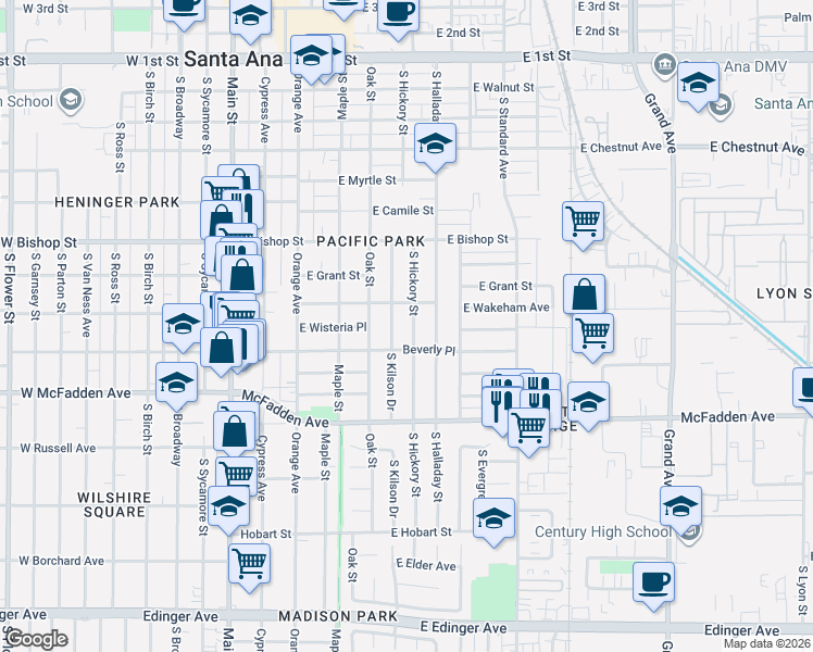 map of restaurants, bars, coffee shops, grocery stores, and more near 921 South Kilson Drive in Santa Ana