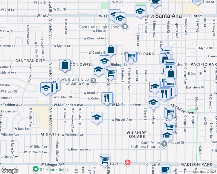 map of restaurants, bars, coffee shops, grocery stores, and more near in Santa Ana