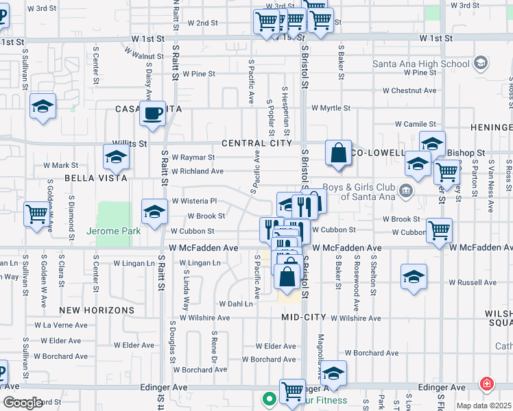 map of restaurants, bars, coffee shops, grocery stores, and more near 1501 West Wisteria Place in Santa Ana