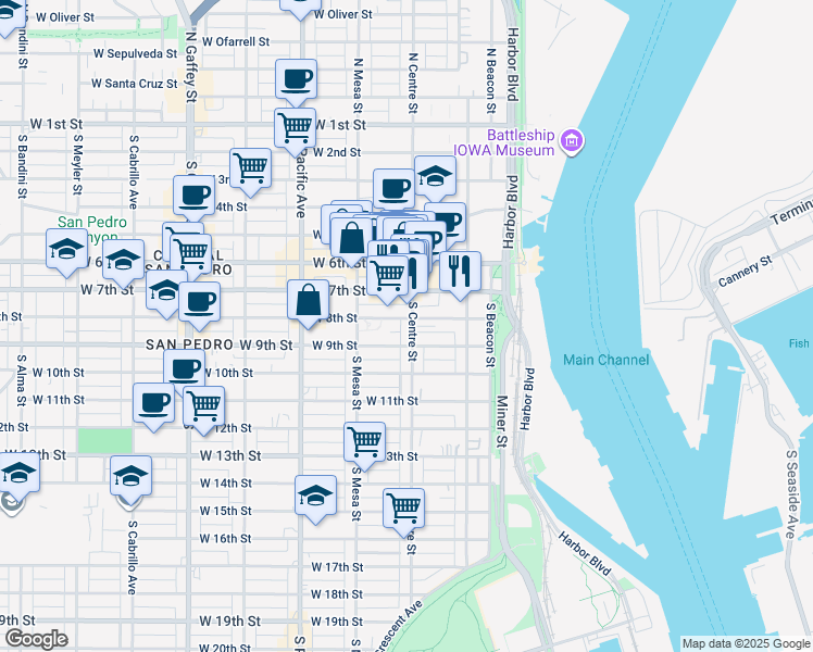 map of restaurants, bars, coffee shops, grocery stores, and more near 817 South Centre Street in Los Angeles