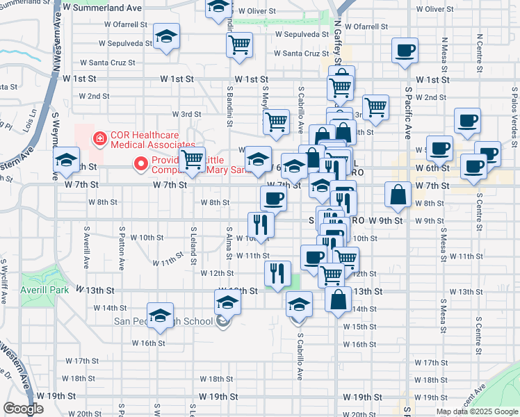 map of restaurants, bars, coffee shops, grocery stores, and more near 927 West 8th Street in Los Angeles