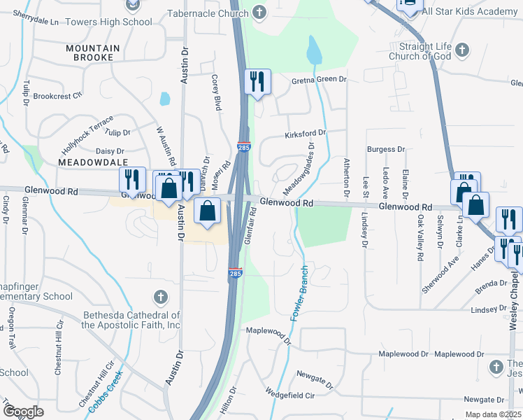map of restaurants, bars, coffee shops, grocery stores, and more near 4605 Glenwood Road in Decatur