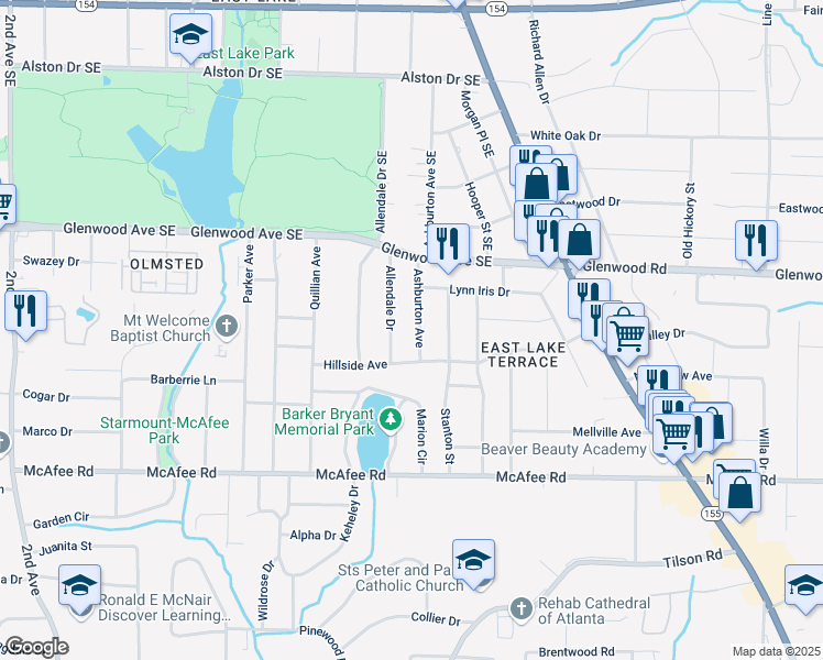 map of restaurants, bars, coffee shops, grocery stores, and more near 561 Ashburton Avenue in Decatur