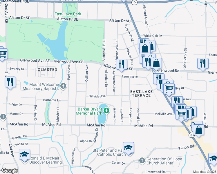 map of restaurants, bars, coffee shops, grocery stores, and more near 540 Allendale Drive in Decatur