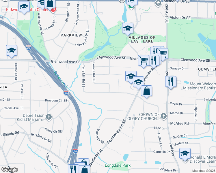 map of restaurants, bars, coffee shops, grocery stores, and more near 1933 Lomita Road Southeast in Atlanta
