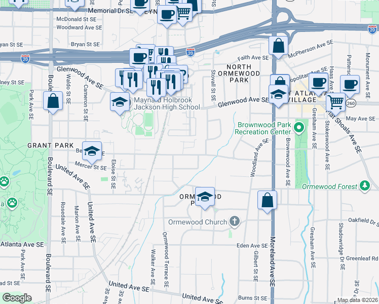 map of restaurants, bars, coffee shops, grocery stores, and more near 935 Berne Street Southeast in Atlanta