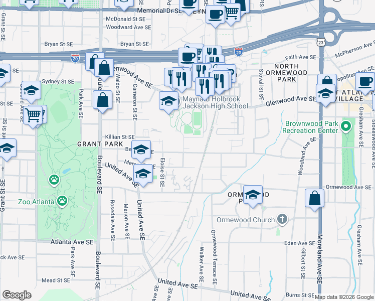 map of restaurants, bars, coffee shops, grocery stores, and more near 837 Berne Street Southeast in Atlanta