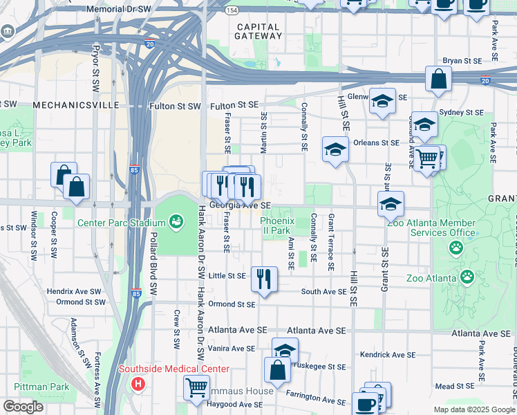 map of restaurants, bars, coffee shops, grocery stores, and more near 105 Georgia Avenue Southeast in Atlanta