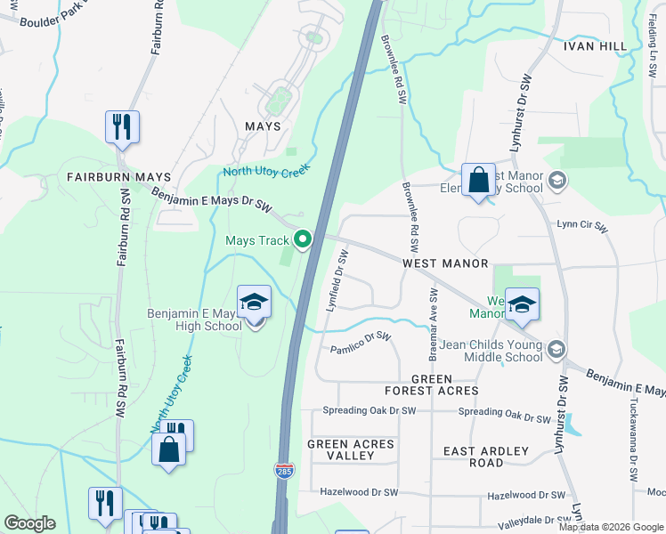 map of restaurants, bars, coffee shops, grocery stores, and more near 3614 Lynfield Drive Southwest in Atlanta