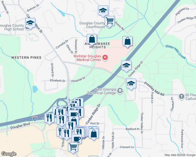map of restaurants, bars, coffee shops, grocery stores, and more near 6097 Cobblestone Court in Douglasville