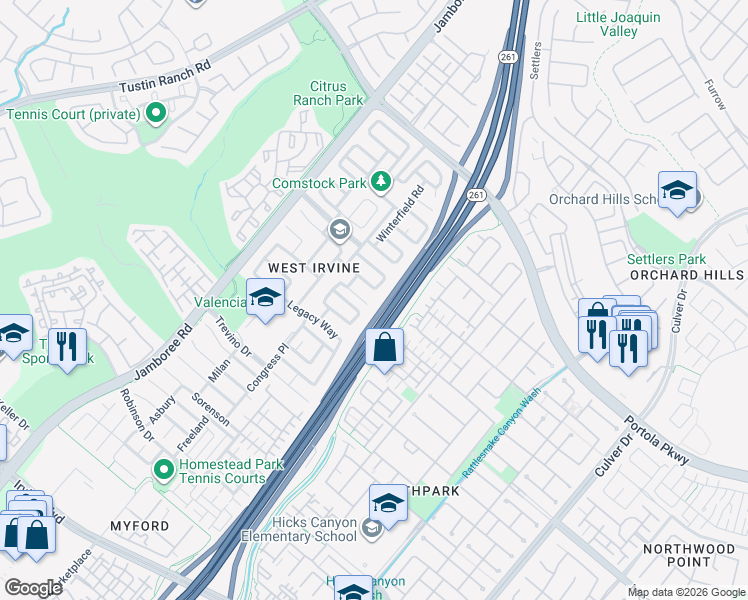 map of restaurants, bars, coffee shops, grocery stores, and more near 1 Iroquois Court in Irvine