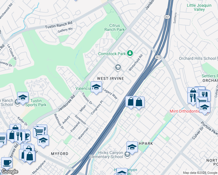 map of restaurants, bars, coffee shops, grocery stores, and more near 65 Declaration Place in Irvine