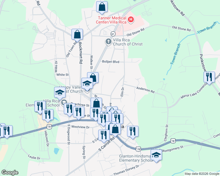 map of restaurants, bars, coffee shops, grocery stores, and more near 314 North Avenue in Villa Rica