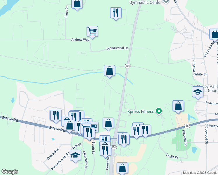 map of restaurants, bars, coffee shops, grocery stores, and more near 50 Leggett Drive in Villa Rica