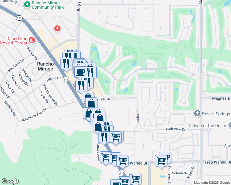 map of restaurants, bars, coffee shops, grocery stores, and more near 28 Calle Encinitas in Rancho Mirage