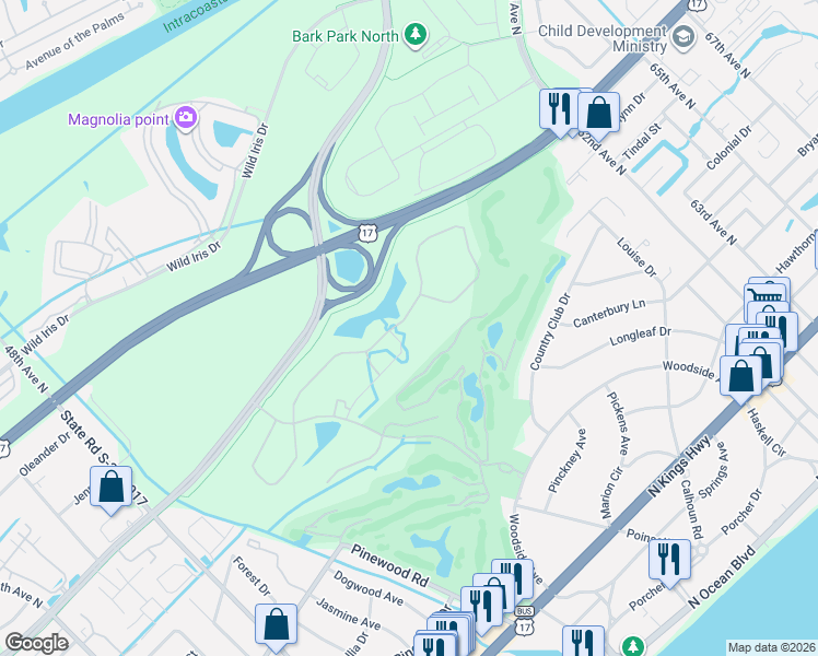 map of restaurants, bars, coffee shops, grocery stores, and more near Perrin’s Path in Myrtle Beach