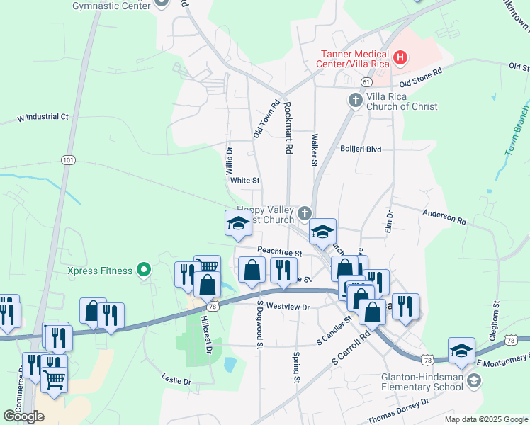 map of restaurants, bars, coffee shops, grocery stores, and more near 74 North Dogwood Street in Villa Rica