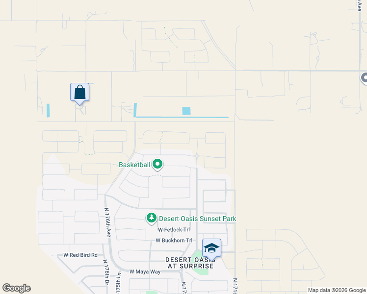 map of restaurants, bars, coffee shops, grocery stores, and more near 17296 West Blue Sky Road in Surprise