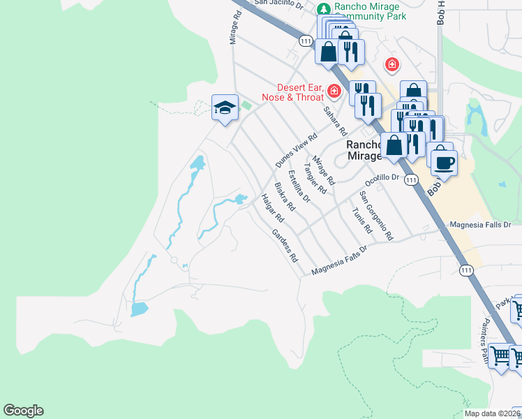 map of restaurants, bars, coffee shops, grocery stores, and more near 71371 Dunes View Road in Rancho Mirage