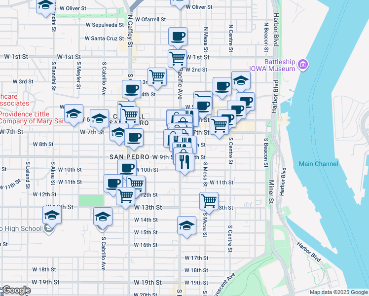 map of restaurants, bars, coffee shops, grocery stores, and more near 800 South Pacific Avenue in San Pedro