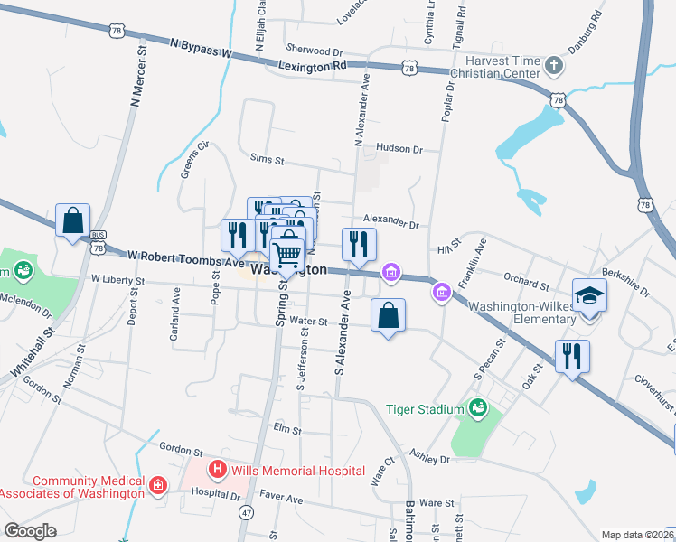 map of restaurants, bars, coffee shops, grocery stores, and more near 20 W Robert Toombs Ave in Washington