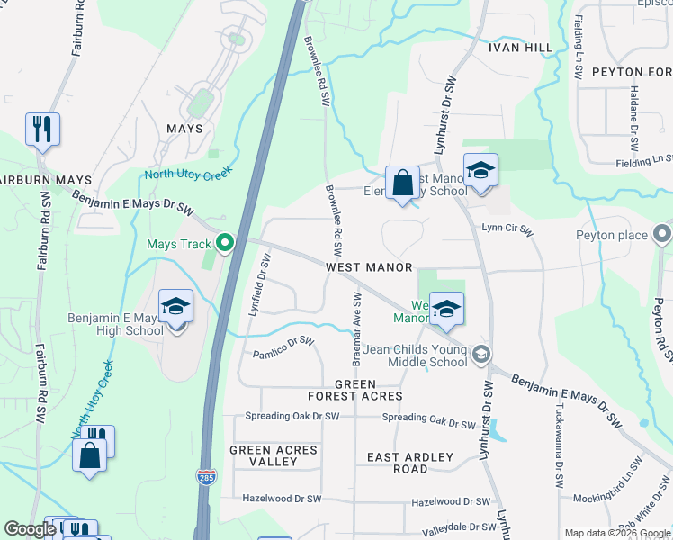 map of restaurants, bars, coffee shops, grocery stores, and more near Benjamin E Mays Dr SW & Brownlee Rd SW in Atlanta